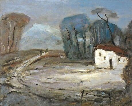 Landscape with a white house (House by the road). Altai