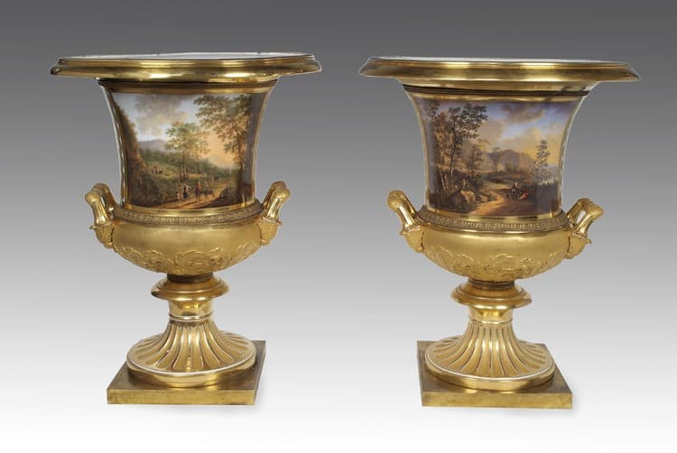 Crater vases (pair) with images of Italian landscapes