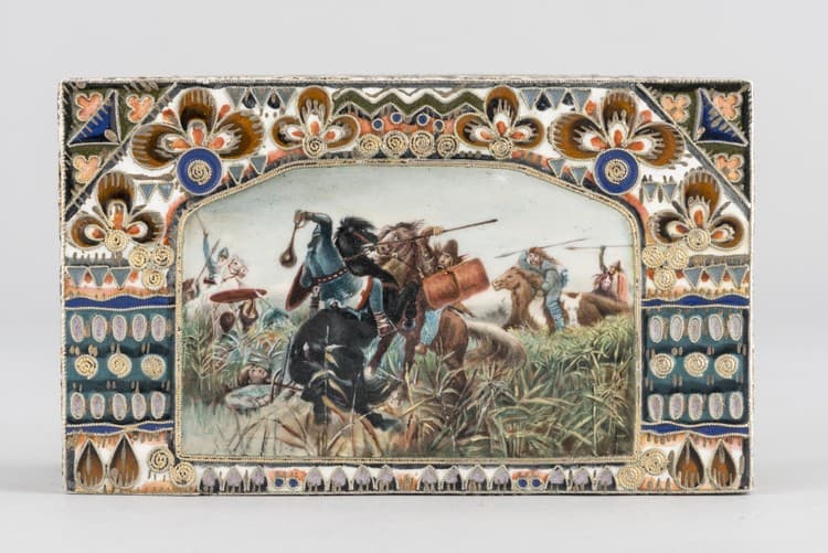 Casket with enamel miniature "Battle of Scythians with Slavs" (based on the painting by V. Vasnetsov)
